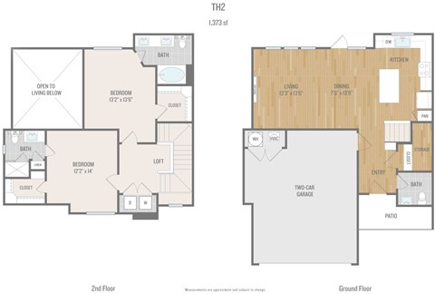 Floor plan for 2 beds, 2.5 baths, 1373 sqft